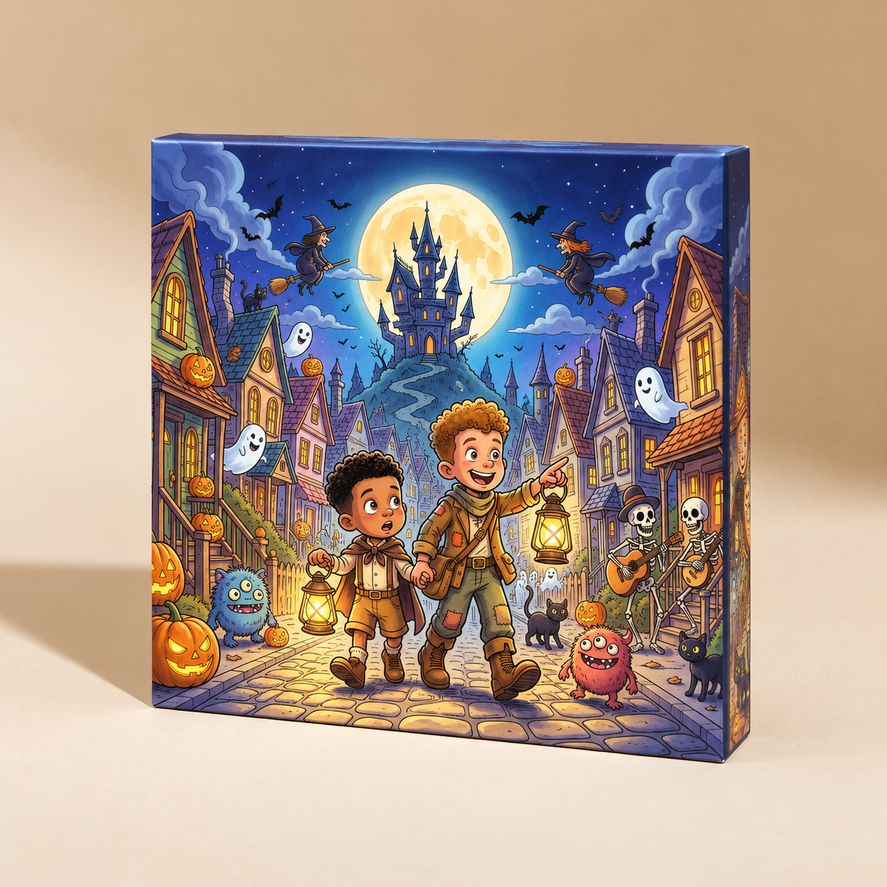 Little Monsters Puzzle box: two brothers holding lanterns walk a cobblestone Halloween street under a full moon, with ghosts, witches and friendly monsters