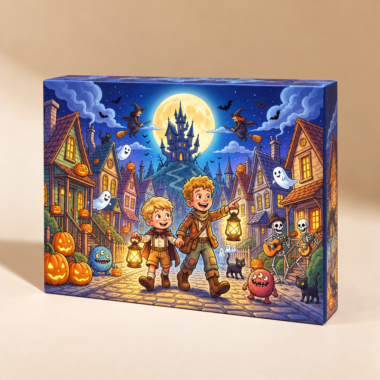 The same Halloween town scene personalized for two blond brothers, printed on the puzzle box
