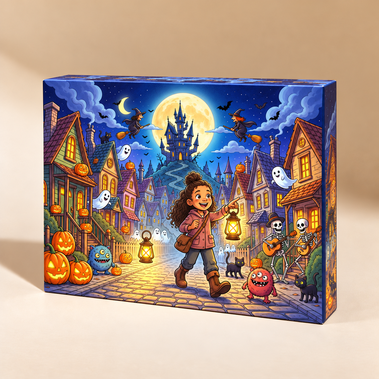 The same Halloween town scene personalized for one curly-haired girl with a lantern, printed on the puzzle box