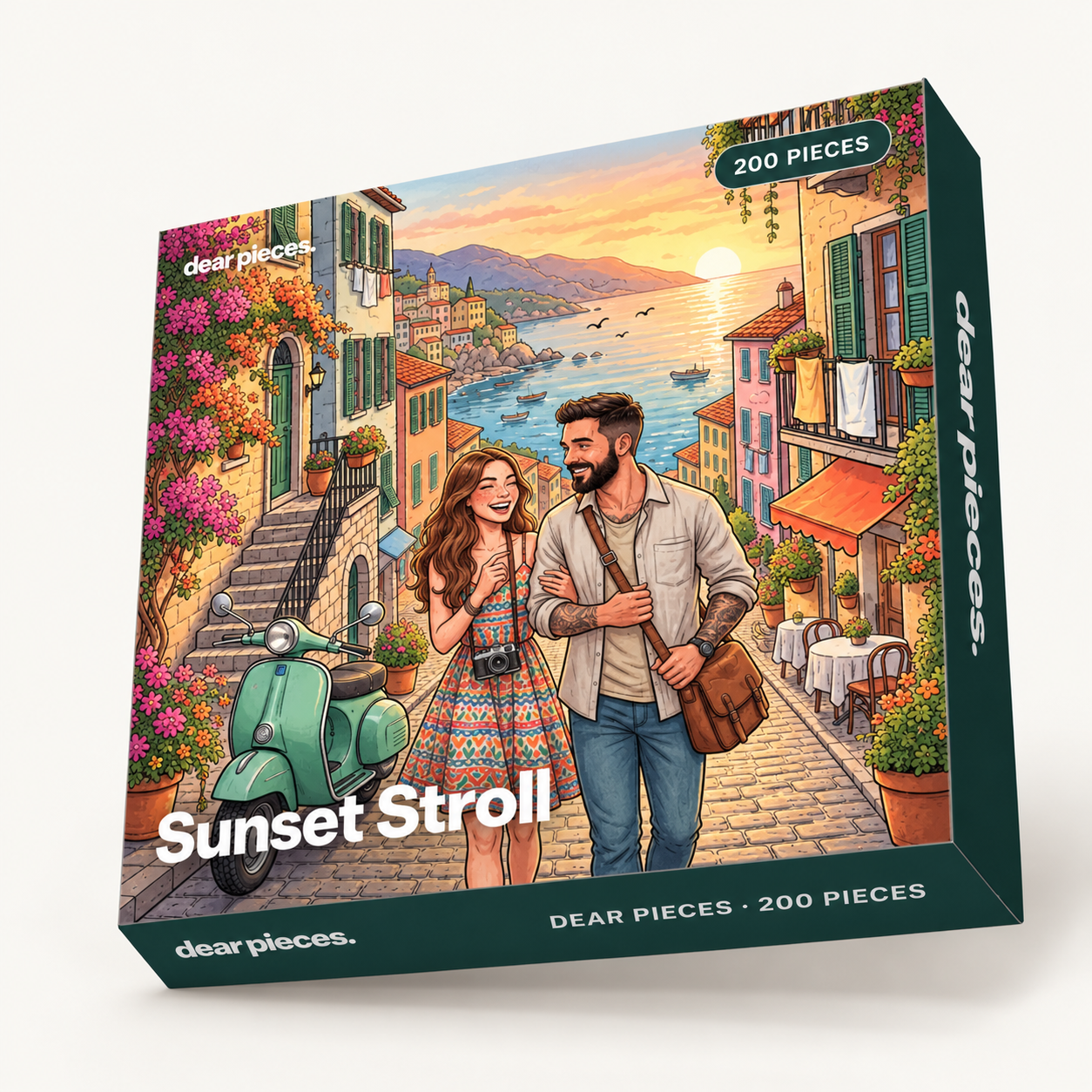 The Italian Dream puzzle box, its lid printed with the couple strolling the seaside village at sunset