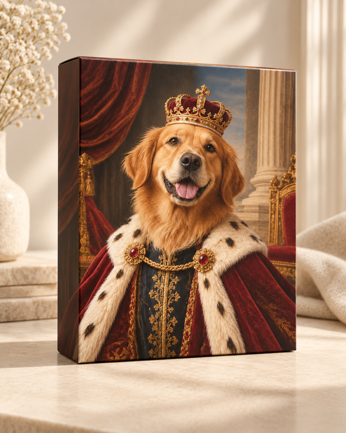 The Royal Pet Puzzle box standing on a table, its lid printed with a golden retriever in a crown and ermine cape