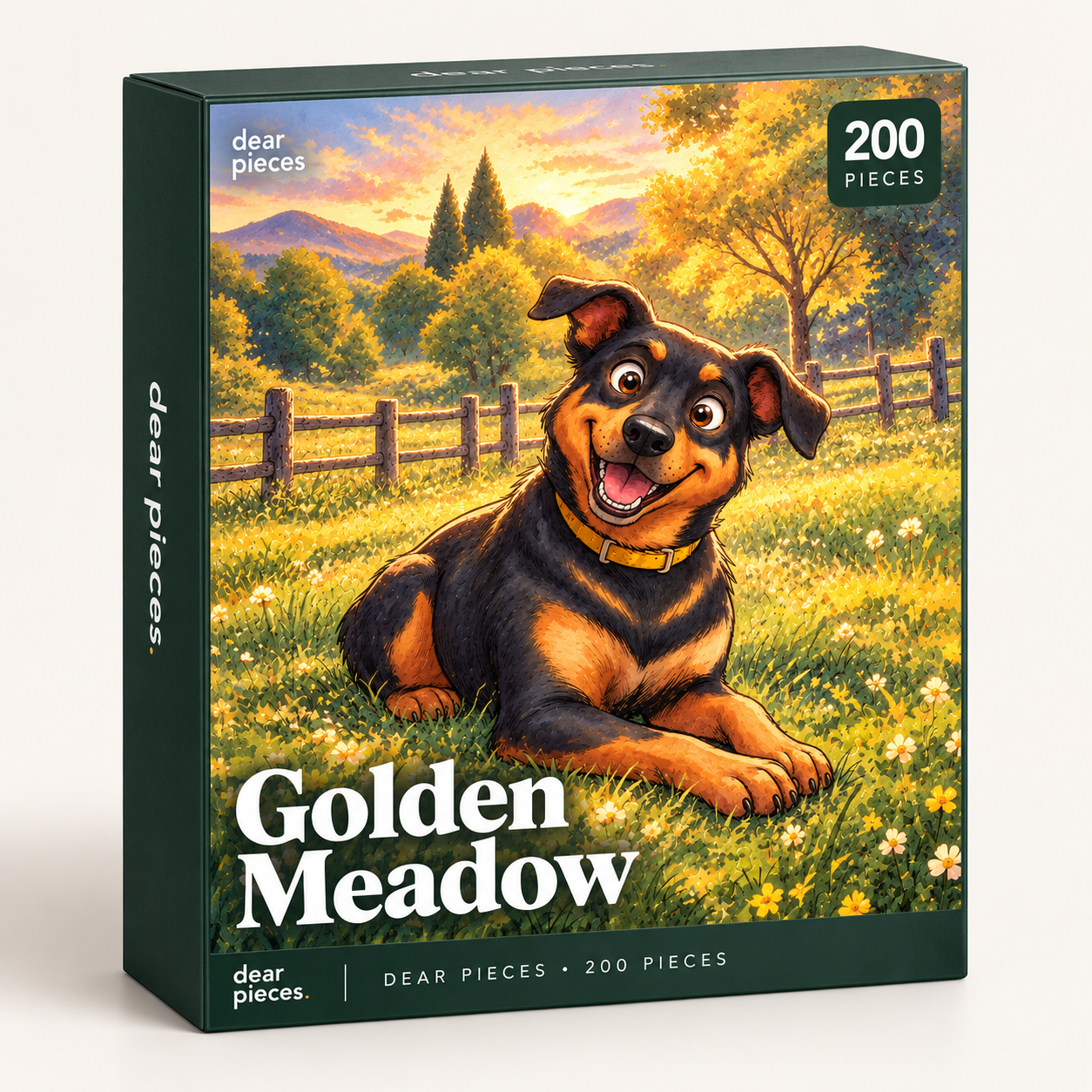 The pet puzzle box, its lid printed with the cartoon dog lying in a golden meadow