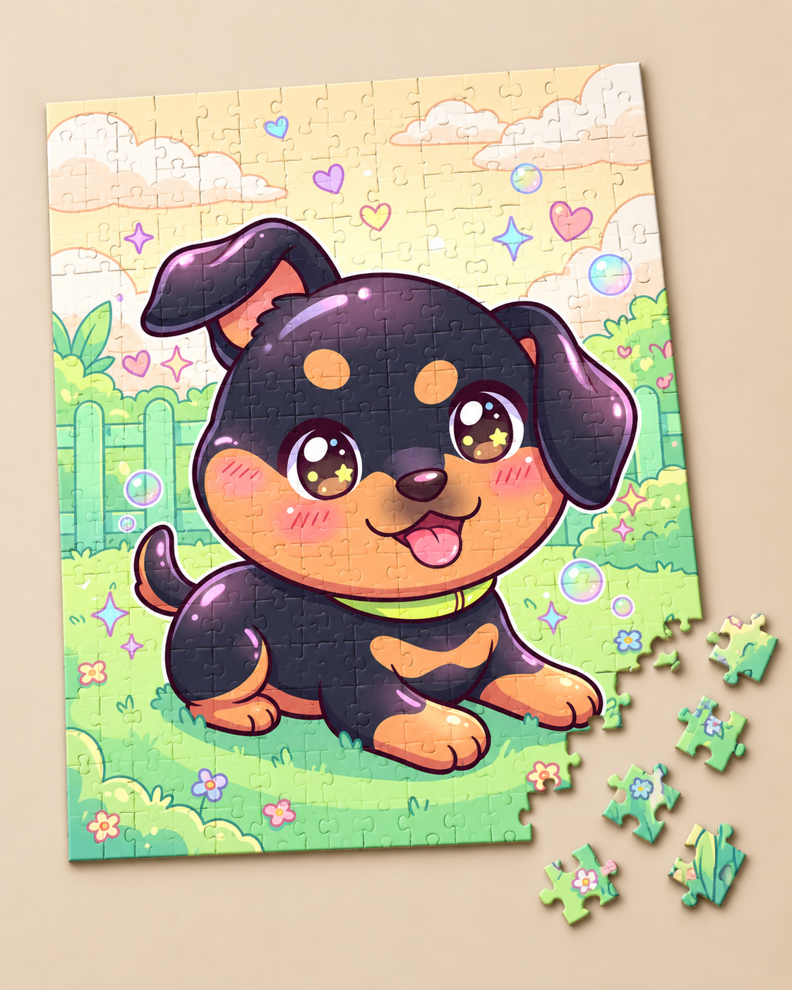 The same dog as a round-eyed chibi puppy among pastel hearts and bubbles, as a puzzle with loose pieces
