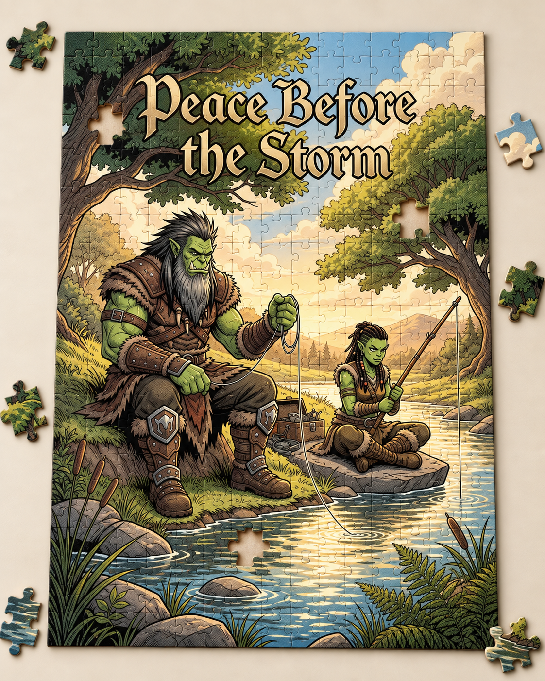 Peace Before the Storm: an illustrated fantasy puzzle of two orcs fishing by a forest river, with loose pieces around it
