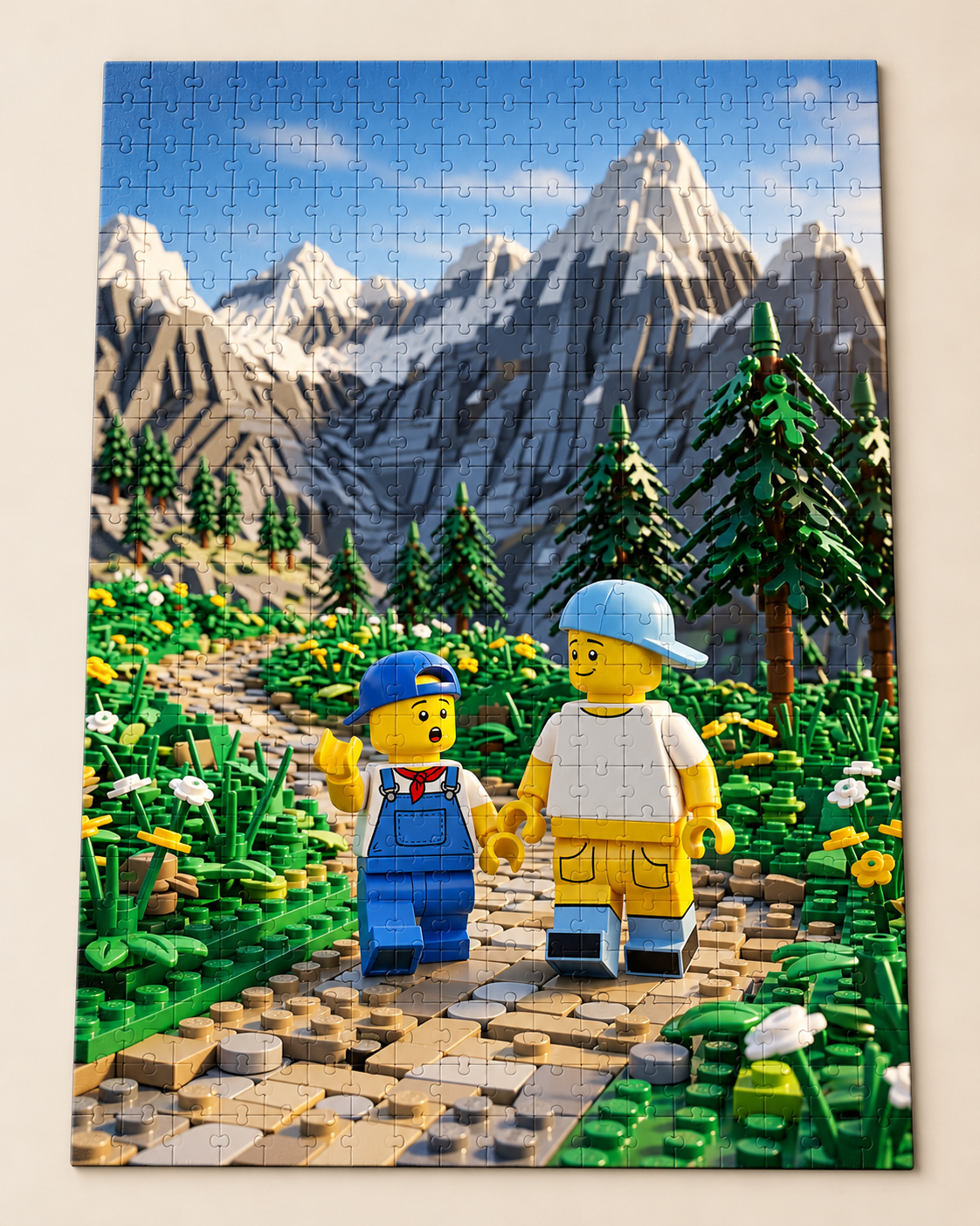 An assembled puzzle of a parent and child as toy brick figures, walking a mountain trail among pine trees