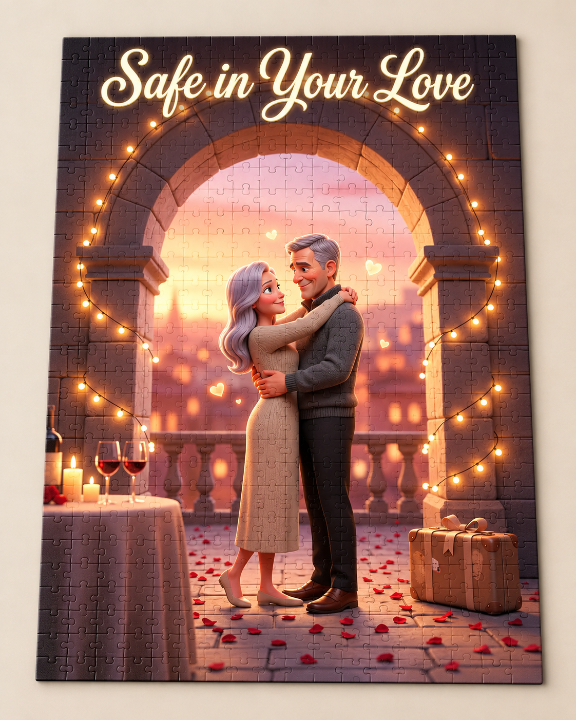Safe in Your Love: an illustrated couple embracing under a stone arch strung with lights, as an assembled puzzle