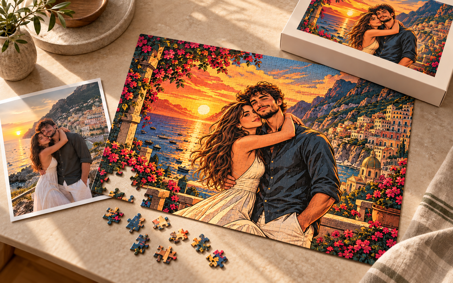 A couple's photo on the Amalfi coast beside its puzzle, the two of them inked in comic style at sunset