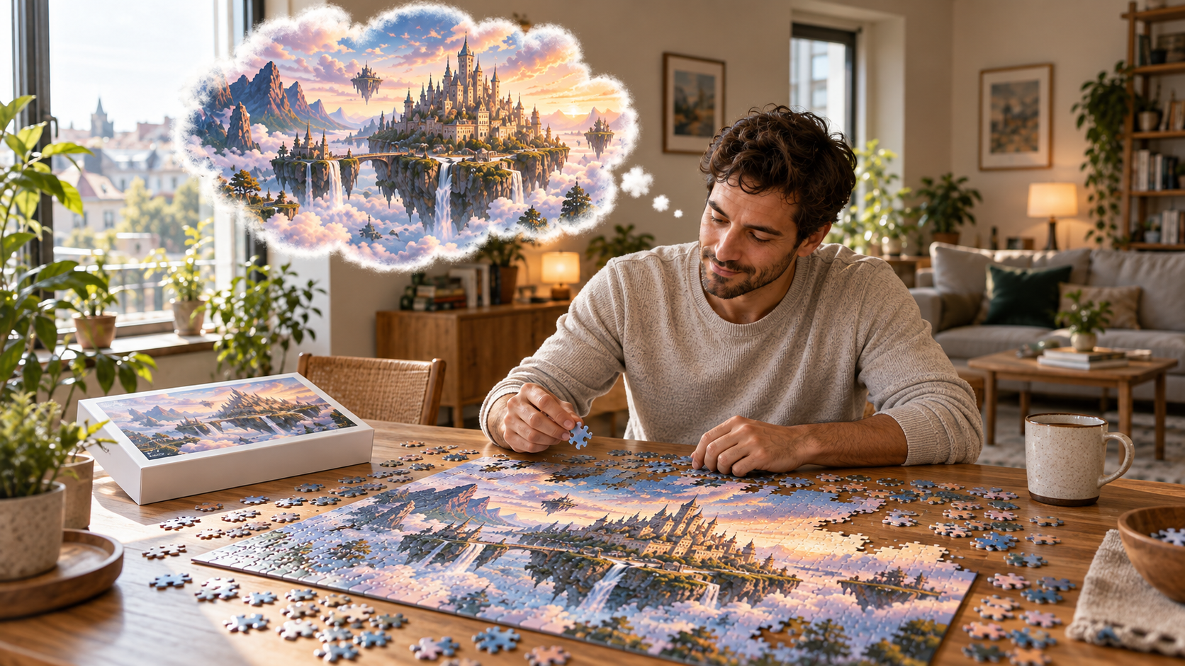 A man assembling a puzzle of the floating castle world he imagined, shown in a thought bubble above him
