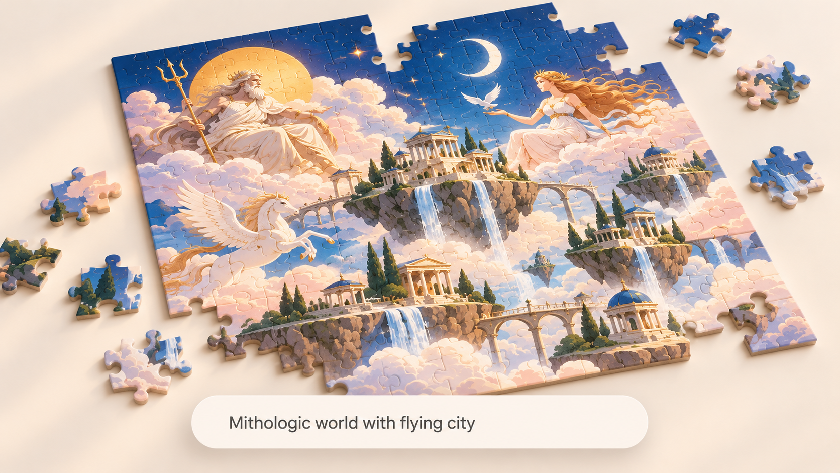 A puzzle of a mythological flying city with gods, Pegasus and waterfalls, made from the prompt "Mithologic world with flying city"