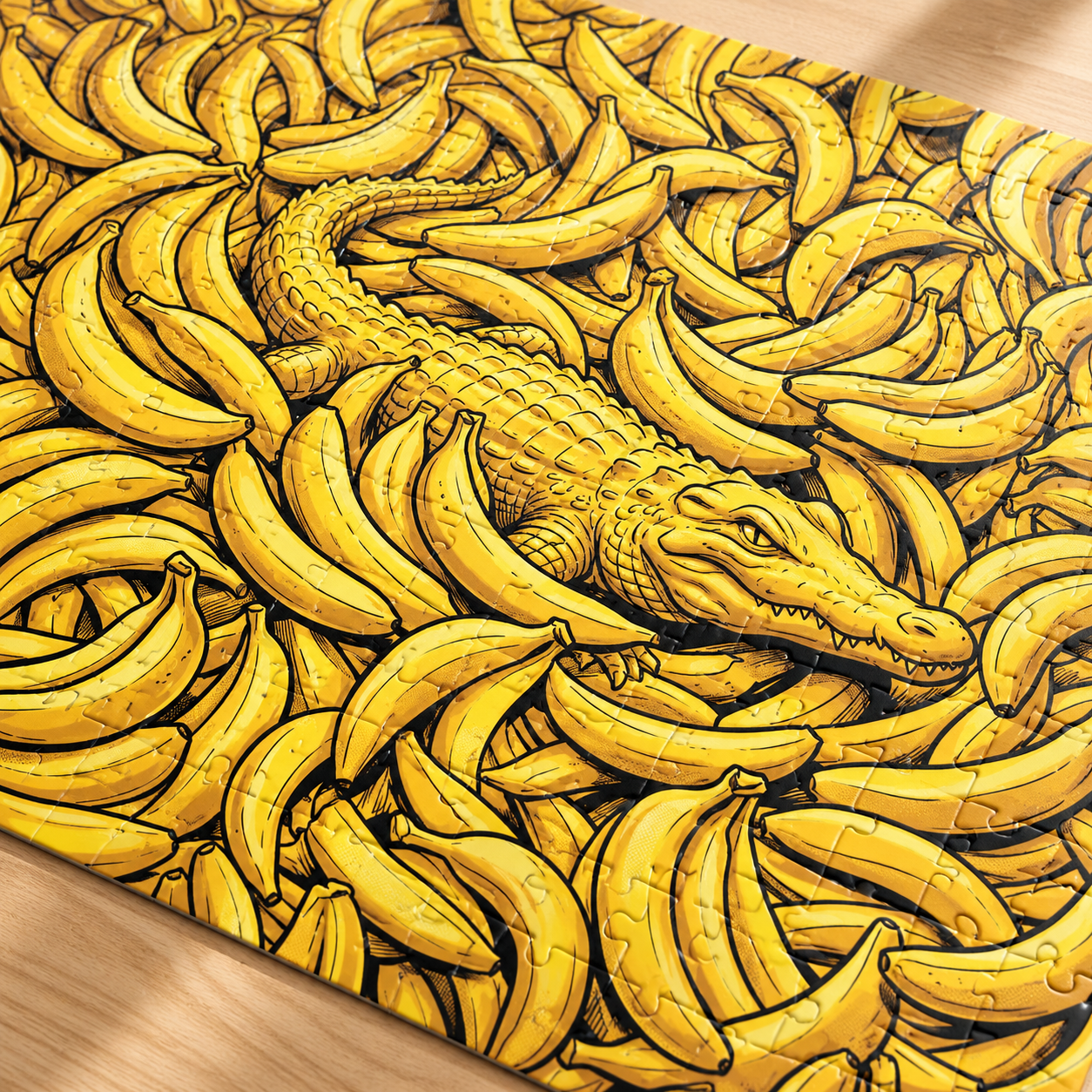 Close up of the assembled Find the Croc puzzle: the yellow crocodile half hidden among the bananas