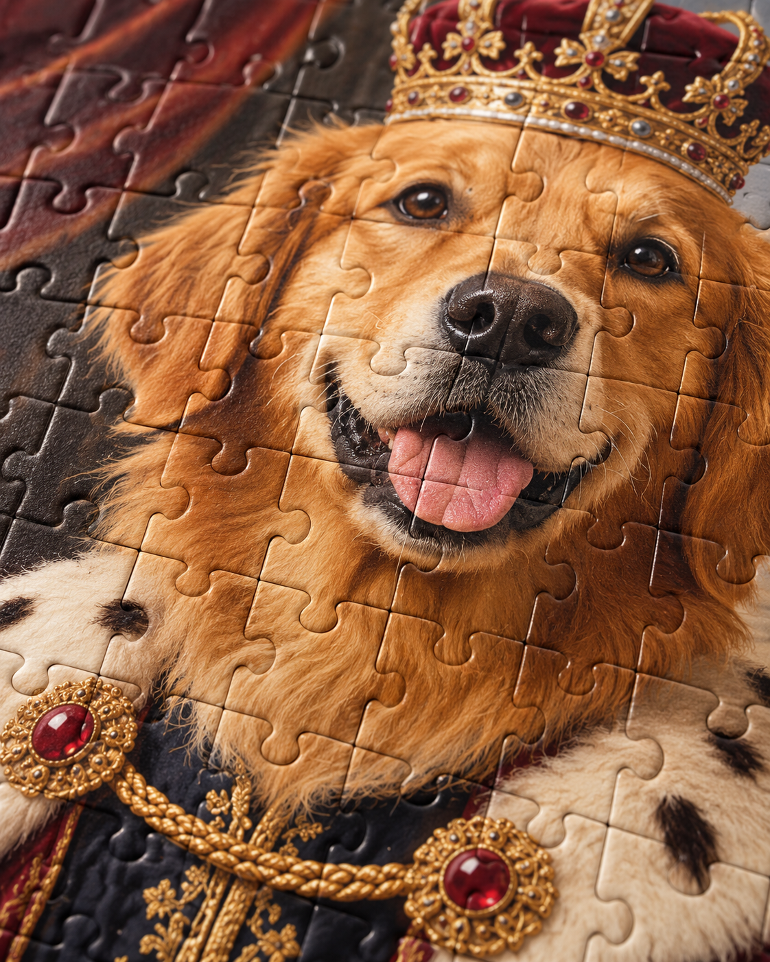 Close up of the assembled Royal Pet Puzzle: the dog's smiling face and jeweled crown across the interlocking pieces