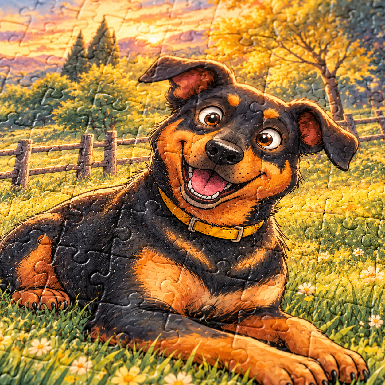 Close up of the assembled pet puzzle: the dog with a yellow collar smiling in the grass, a wooden fence and a sunset behind