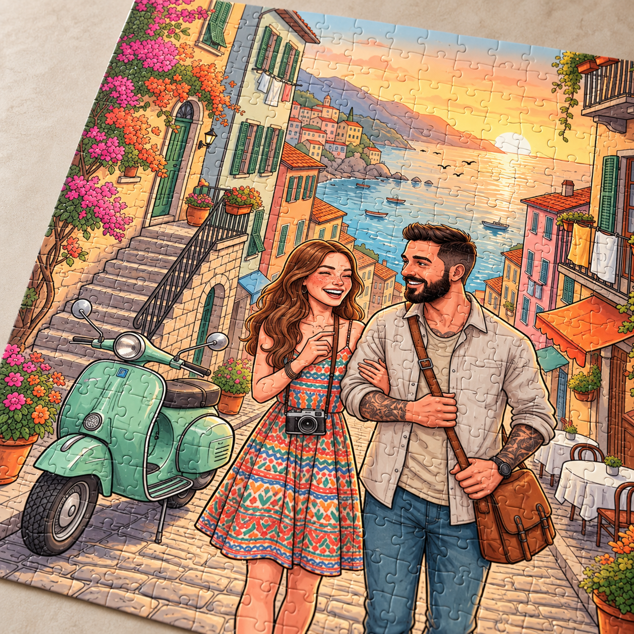 Close up of the assembled Italian Dream puzzle: the couple laughing arm in arm past the mint green scooter, the sea glowing at sunset behind them