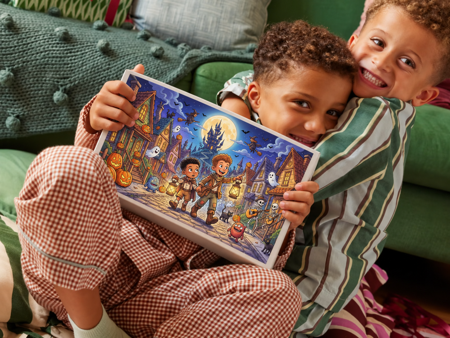 Two brothers hugging on a sofa, holding a puzzle that shows them trick-or-treating through a Halloween town