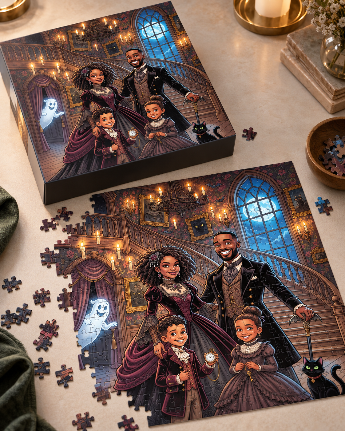 Haunted Family Portrait: a family in Victorian dress on the staircase of a candlelit haunted mansion, with a friendly ghost and a black cat, as a puzzle with its box