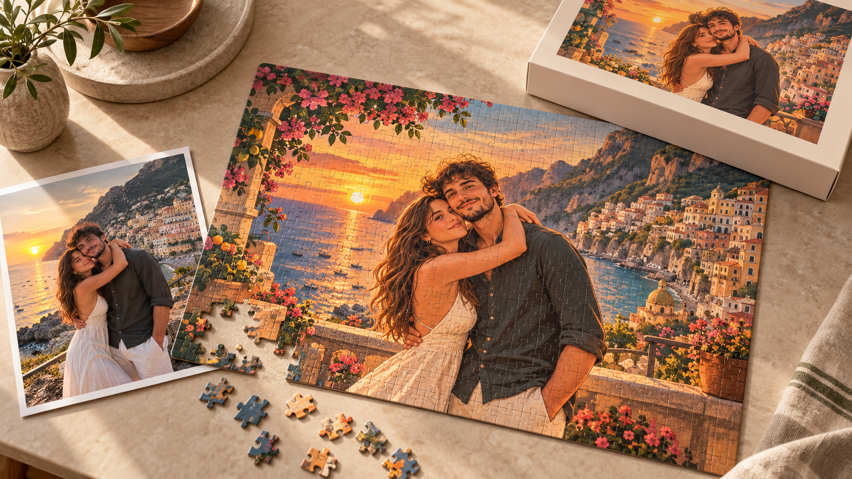 A couple's photo on the Amalfi coast beside the illustrated puzzle made from it and its matching box, with loose pieces on a sunlit table