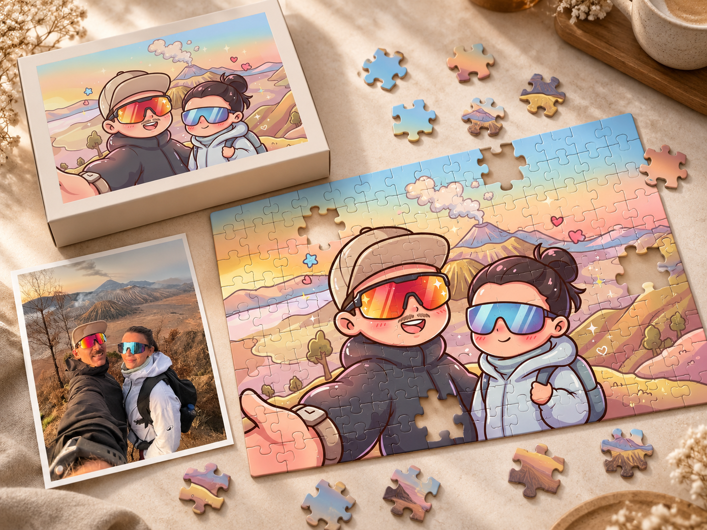 A couple's hiking selfie beside its chibi-style illustrated puzzle and matching box, on a sunlit table