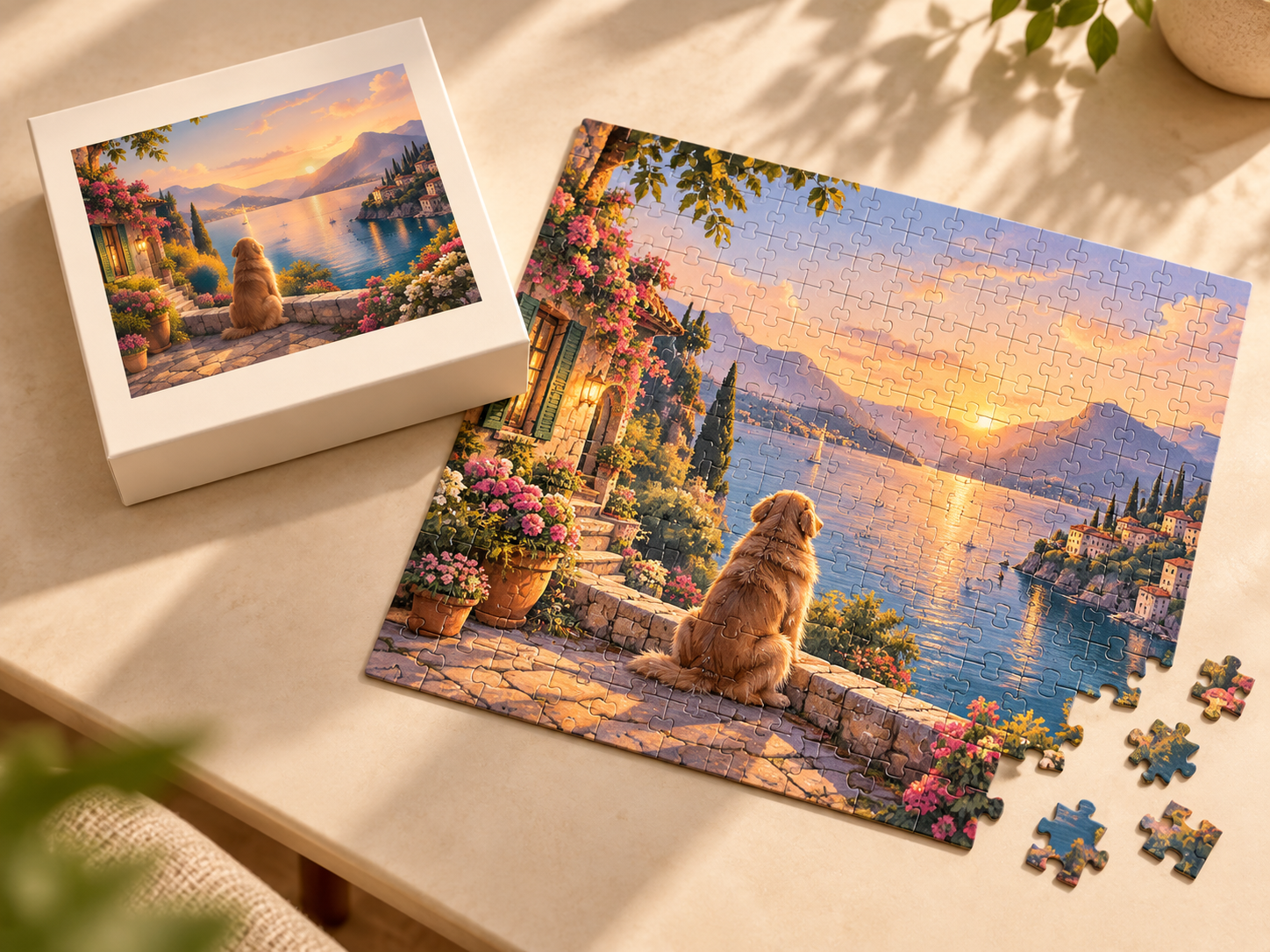 The finished puzzle of a golden retriever looking over a lake at sunset, beside its gift box and a few loose pieces