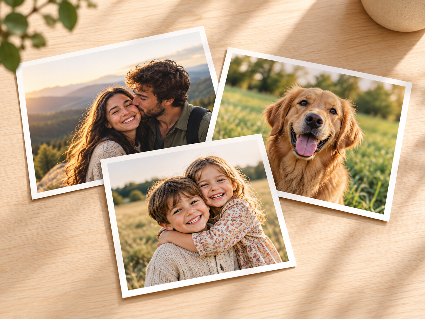 Three printed photos on a wooden table: a couple at sunset, two hugging children and a golden retriever
