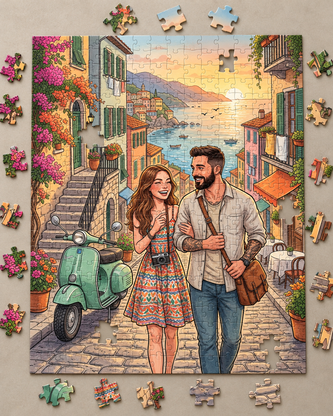 Italian Dream Puzzle: an illustrated couple laughing arm in arm down a cobbled street in an Italian seaside village at sunset, beside a mint green scooter