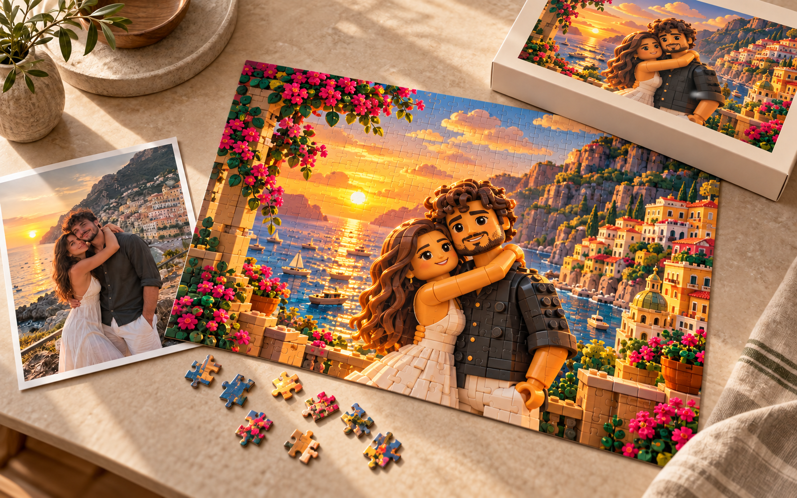 A couple's photo on the Amalfi coast beside its puzzle, the two of them rebuilt as toy brick figures at sunset