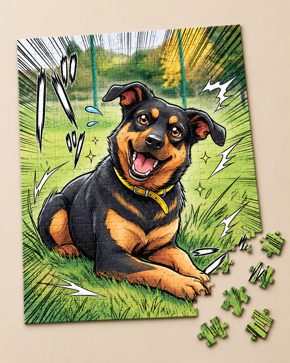 A black and tan dog lying in the grass, drawn in manga style with speed lines, as a puzzle with loose pieces