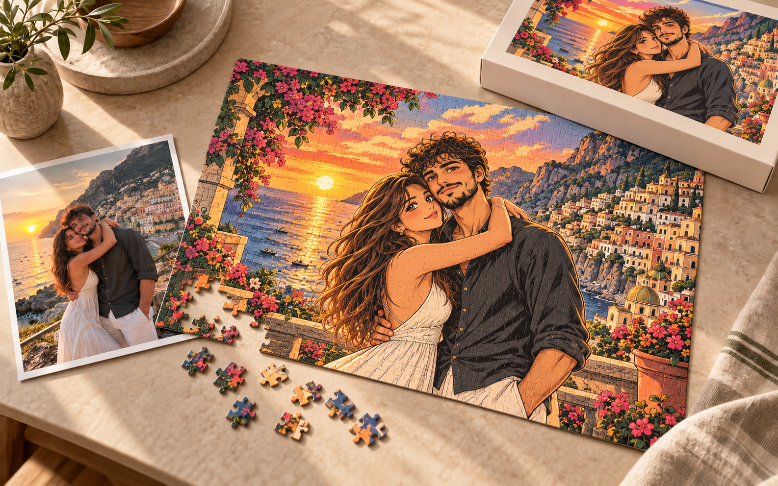 A couple's photo on the Amalfi coast beside its puzzle, the two of them drawn in manga style at sunset