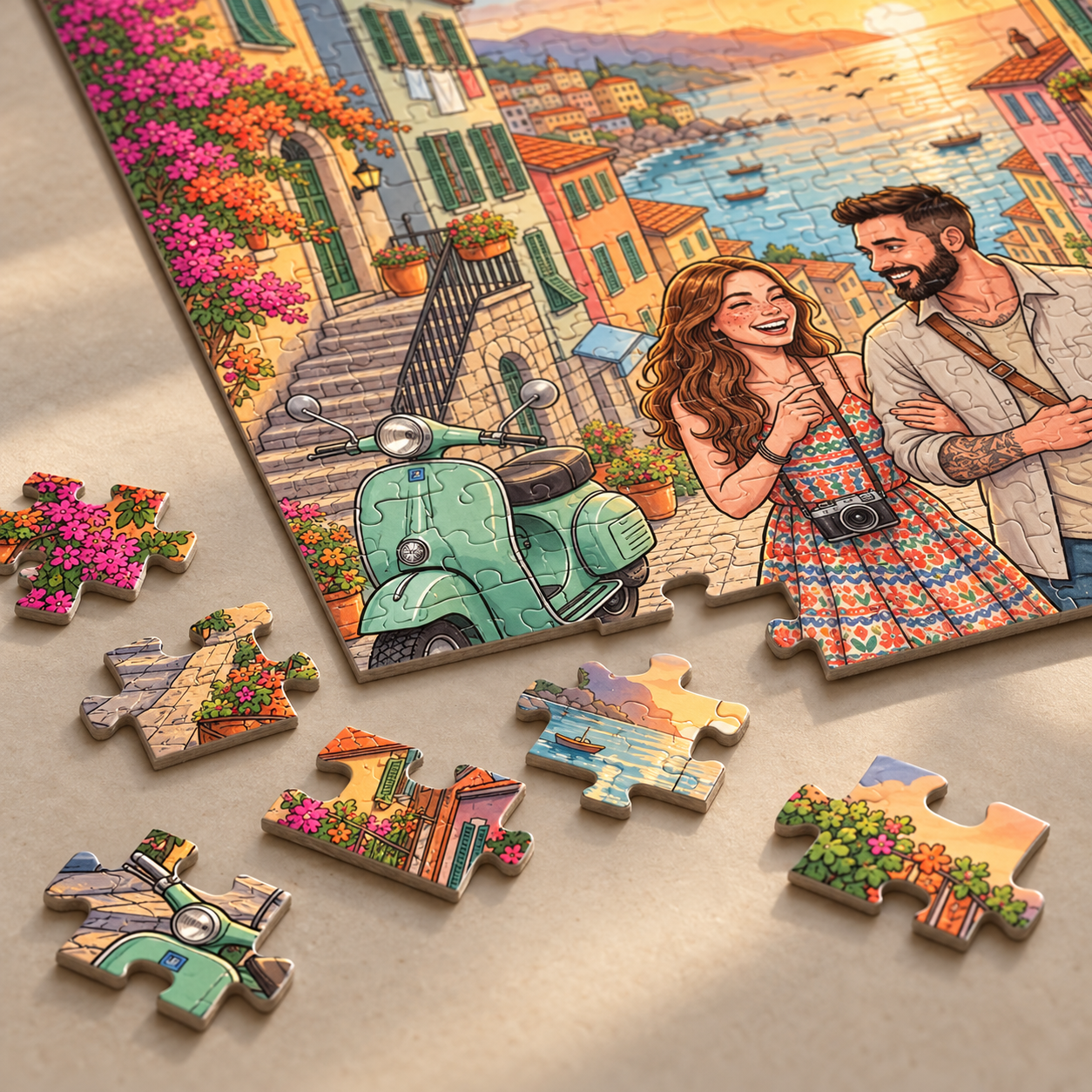 Loose pieces of bougainvillea, sea and scooter on the table beside the half-built Italian Dream puzzle