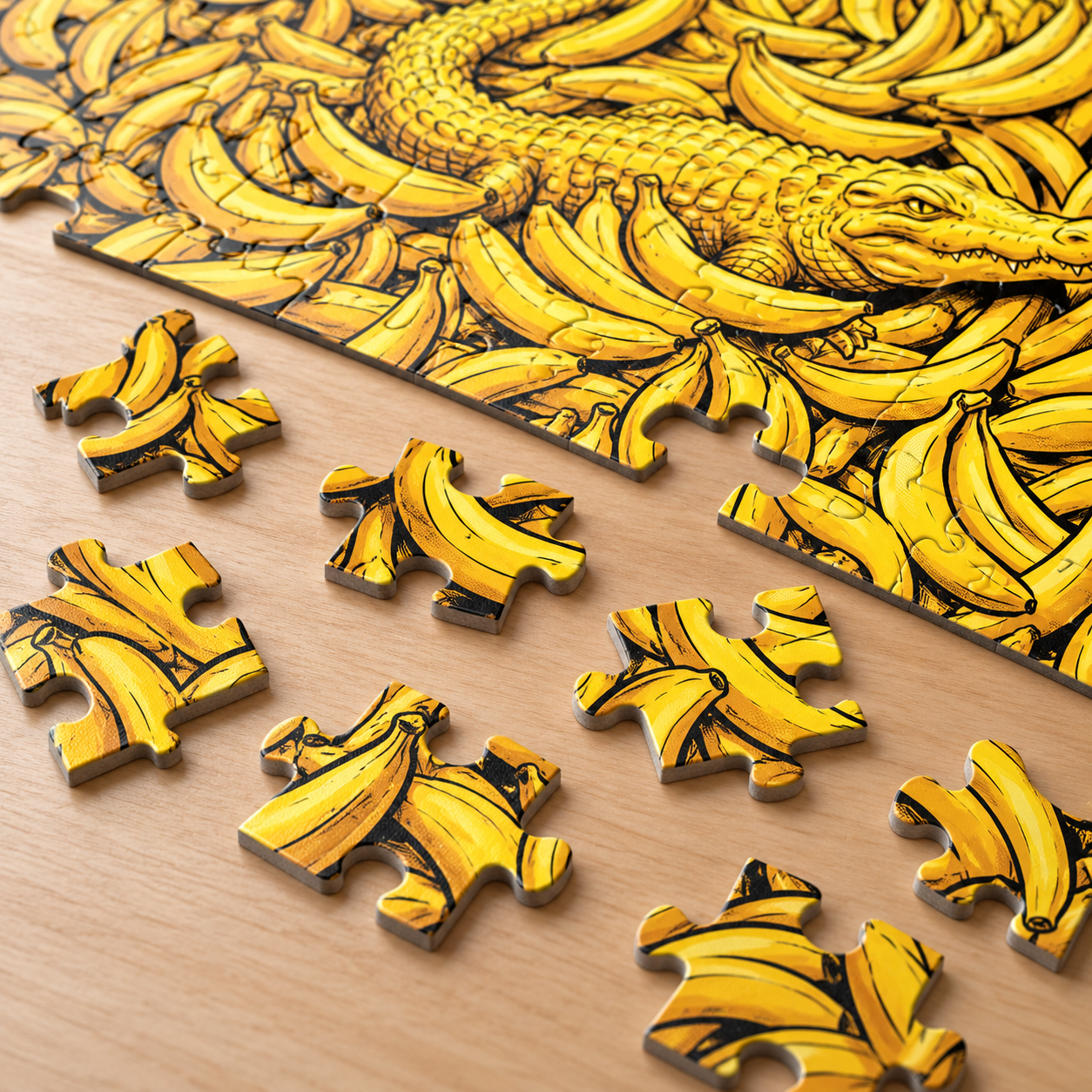 Loose banana pieces on a wooden table beside the half-built Find the Croc puzzle
