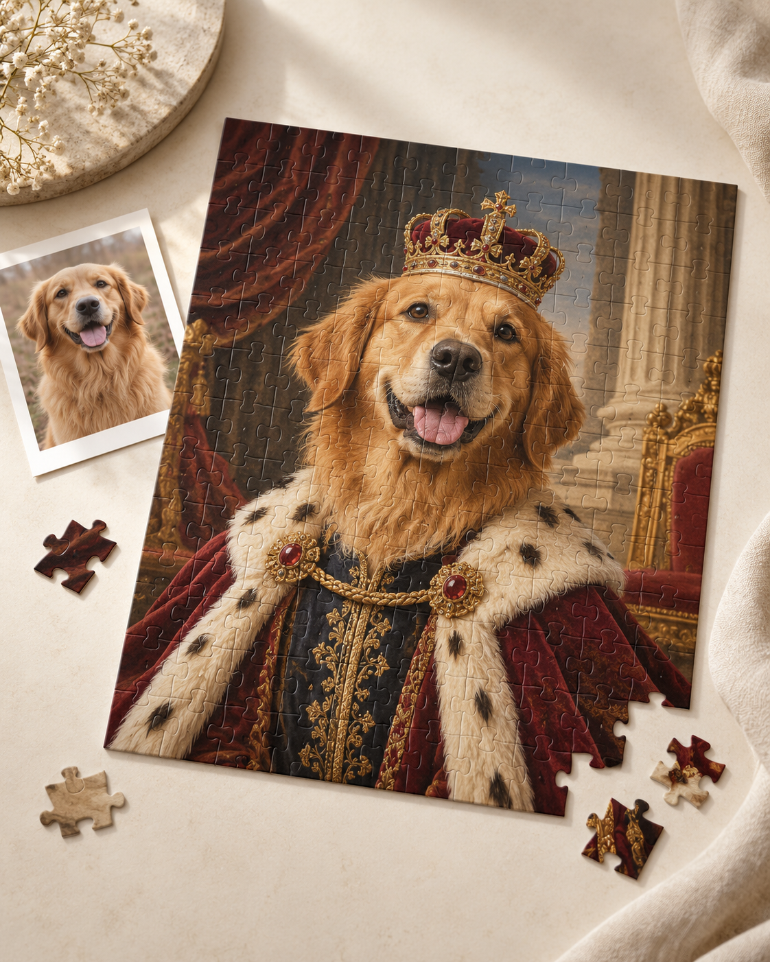 Royal Pet Puzzle: a golden retriever painted as a king with crown and ermine cape, beside the original photo of the dog