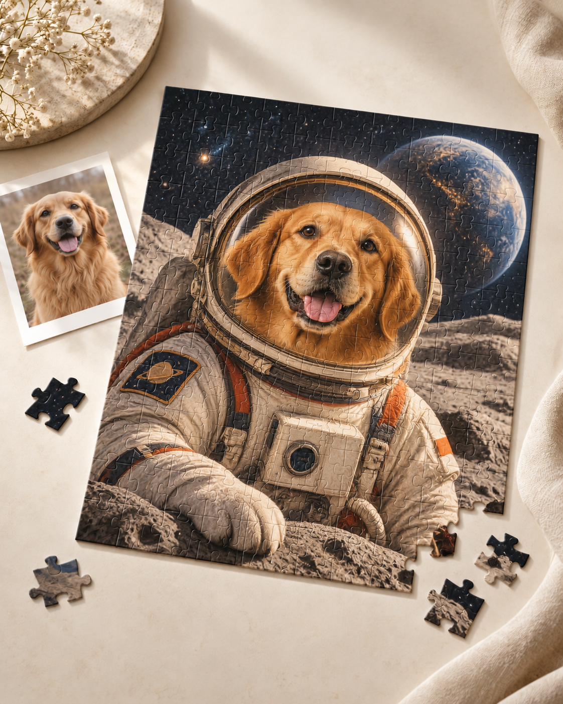 Space Pet Puzzle: a golden retriever illustrated as an astronaut on the moon, beside the original photo of the dog