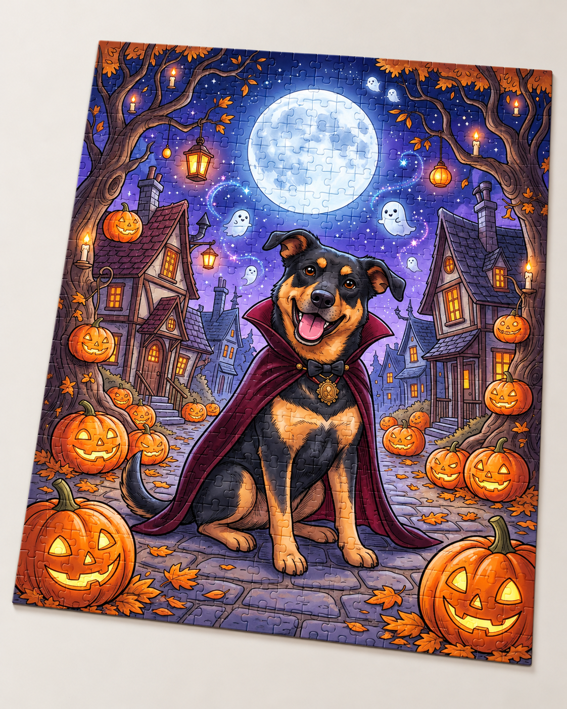 Spooky Pet Puzzle: a smiling black and tan dog in a vampire cape, sitting among jack-o'-lanterns under a full moon, as an assembled puzzle