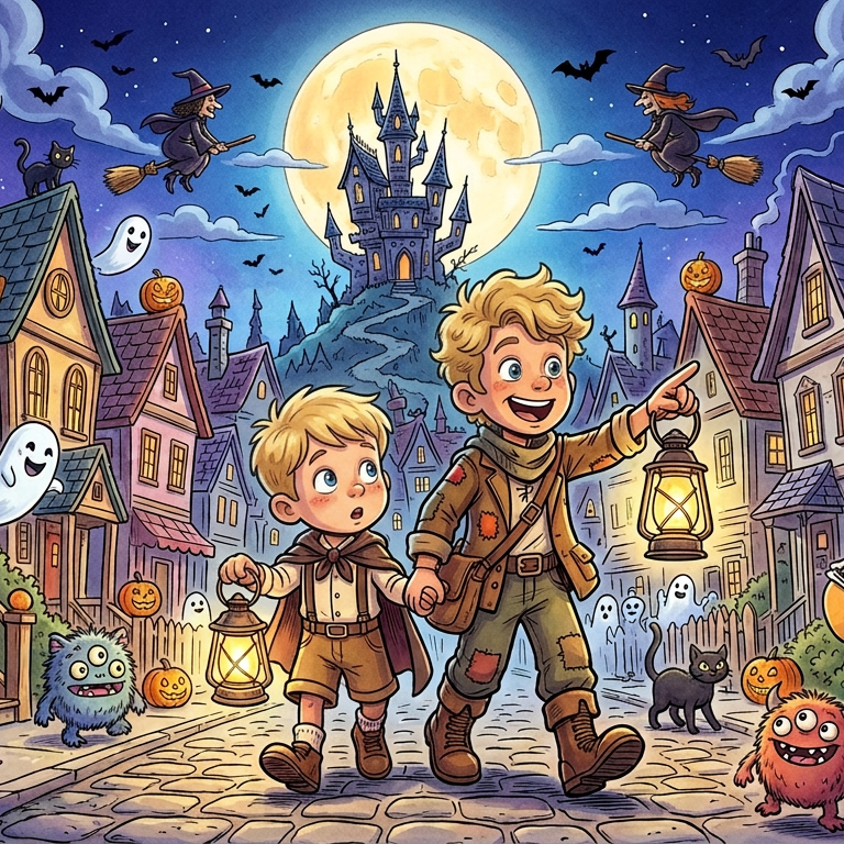 An illustrated Halloween village where two boys with lanterns walk past ghosts, pumpkins and skeleton musicians, a castle under the full moon behind them