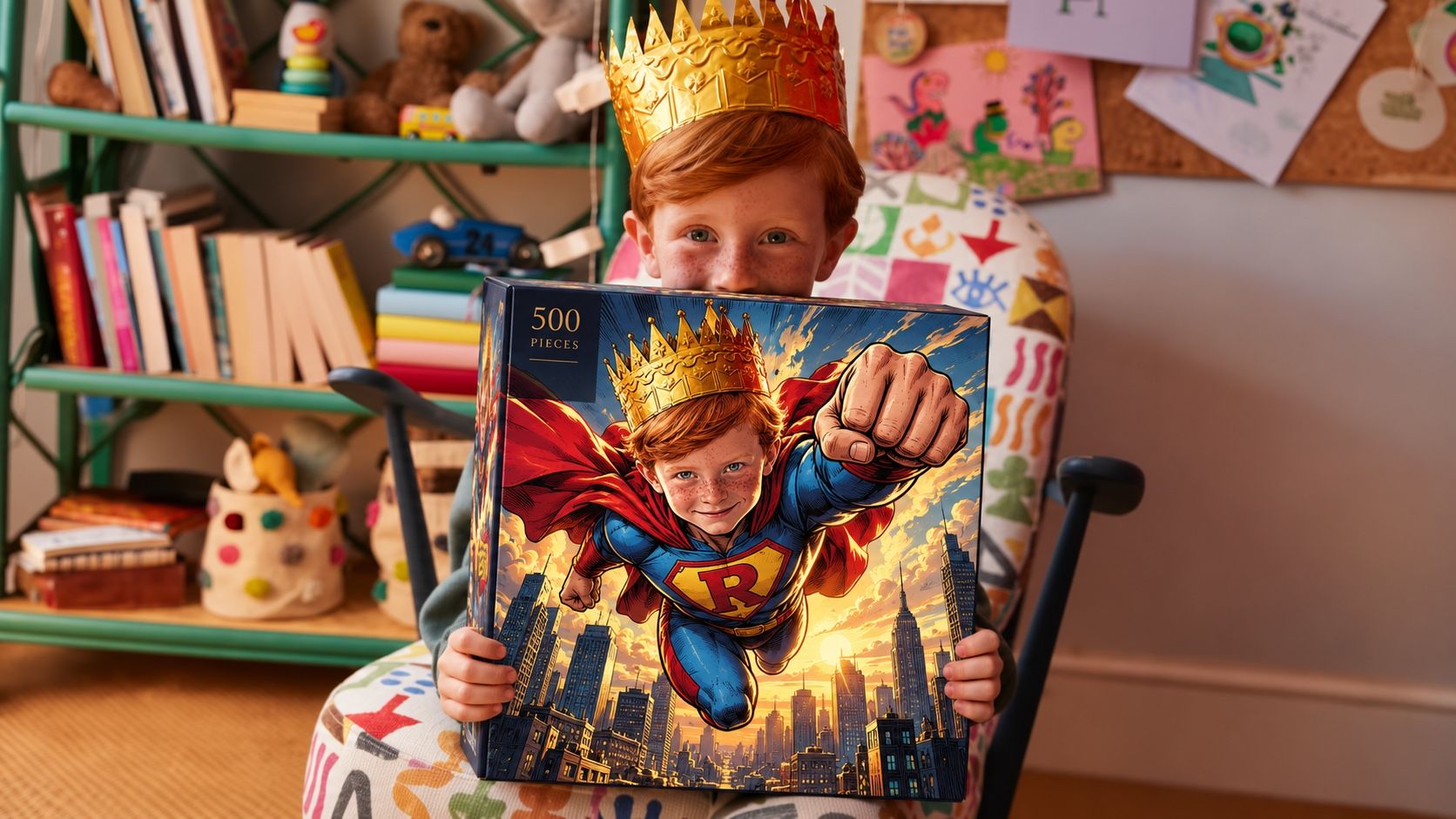 A boy in a paper crown peeking over a puzzle box that shows him as a flying superhero above a city