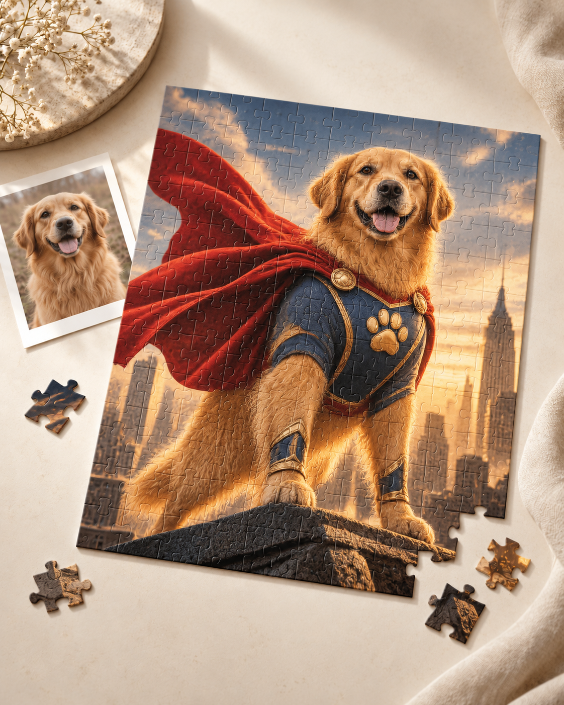 Super Pet Puzzle: a golden retriever illustrated as a caped superhero above a city skyline, beside the original photo of the dog