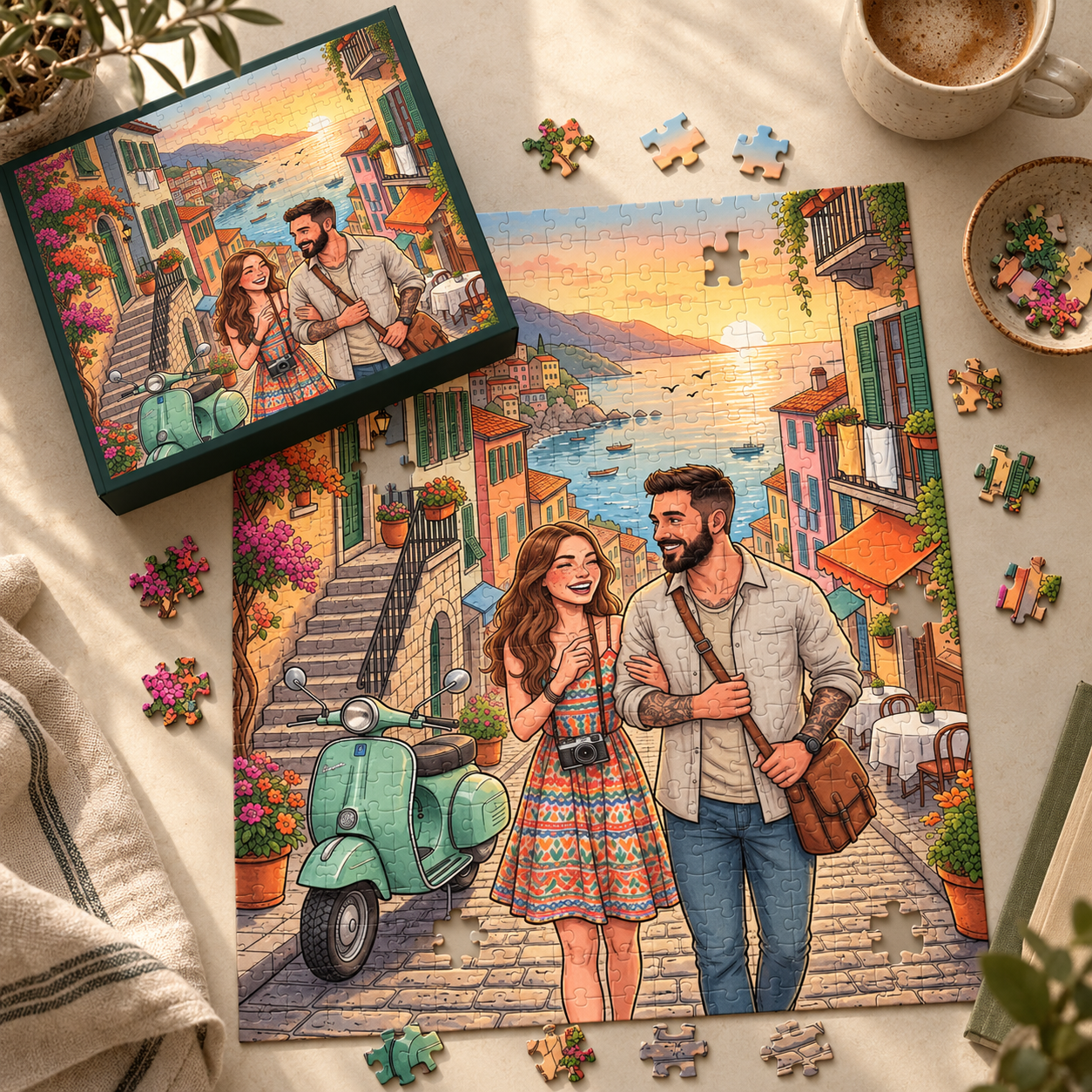The Italian Dream puzzle almost finished on a linen covered table, its box, a cappuccino and a bowl of loose pieces beside it