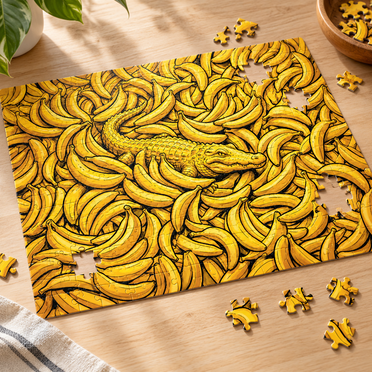 The Find the Croc puzzle almost finished on a wooden table, a few pieces still missing