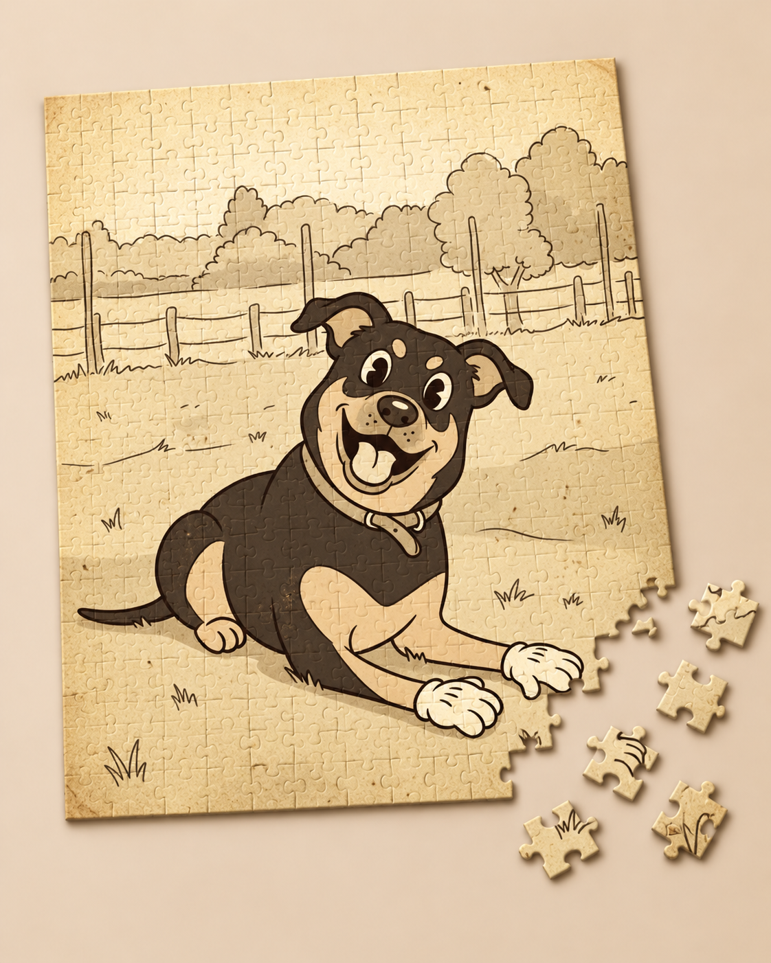 The same dog drawn as a 1930s sepia cartoon with white gloves, on aged paper