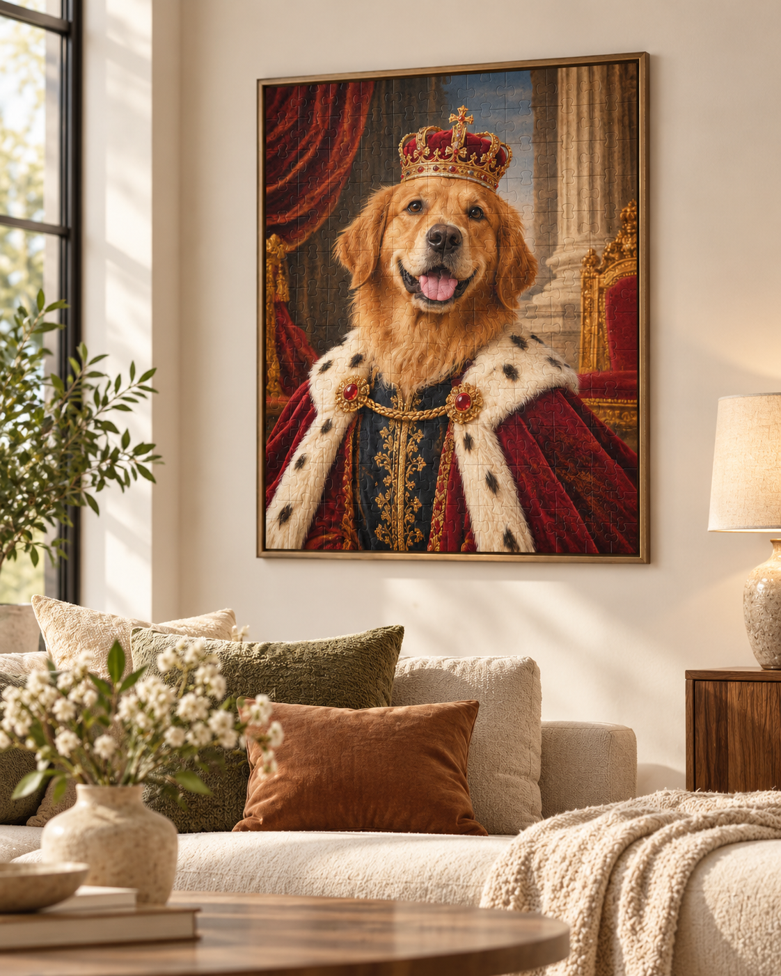 The finished Royal Pet Puzzle framed on a living room wall above a sofa