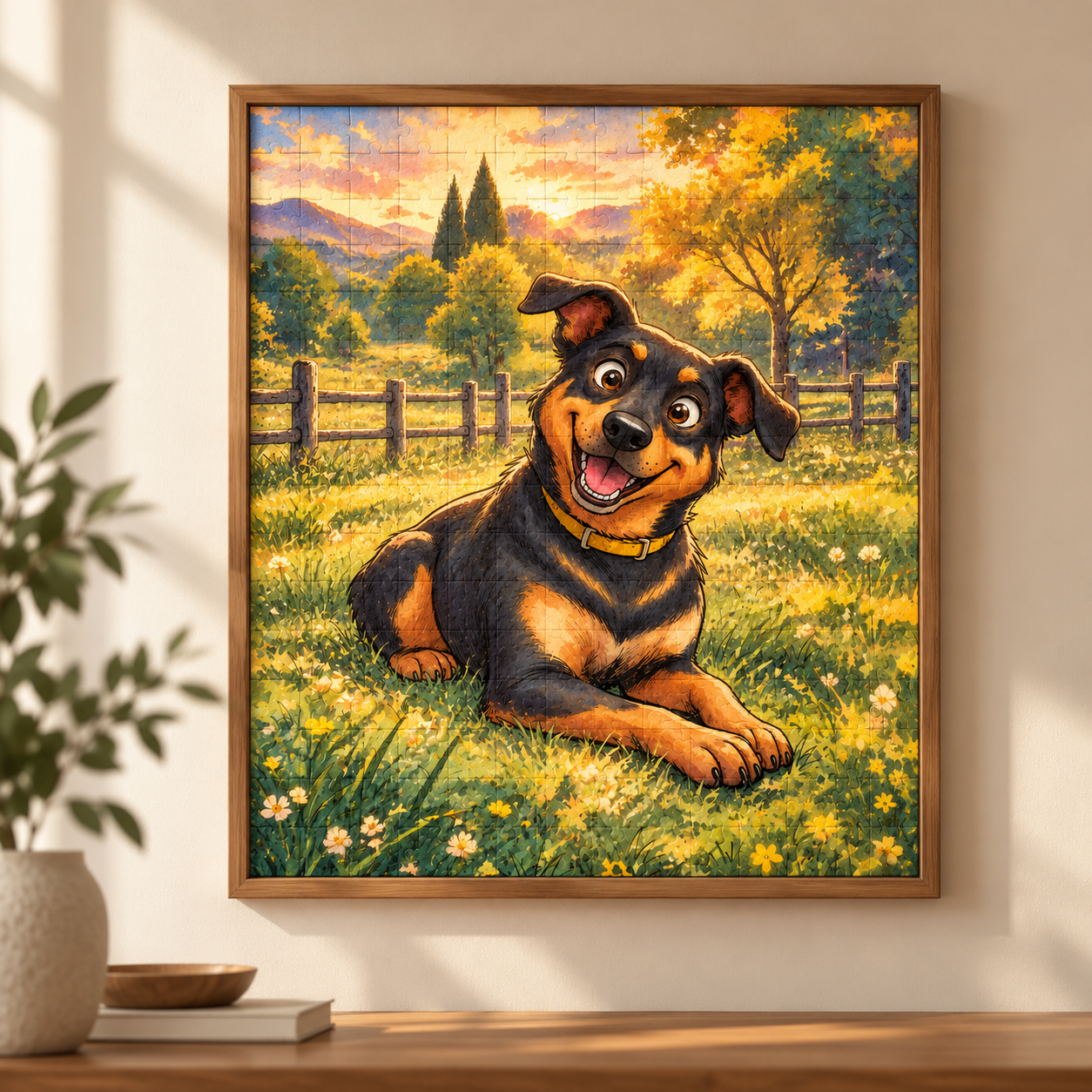 A personalized pet puzzle framed on a living room wall: a cartoon dog lying in a sunlit meadow, head tilted and grinning