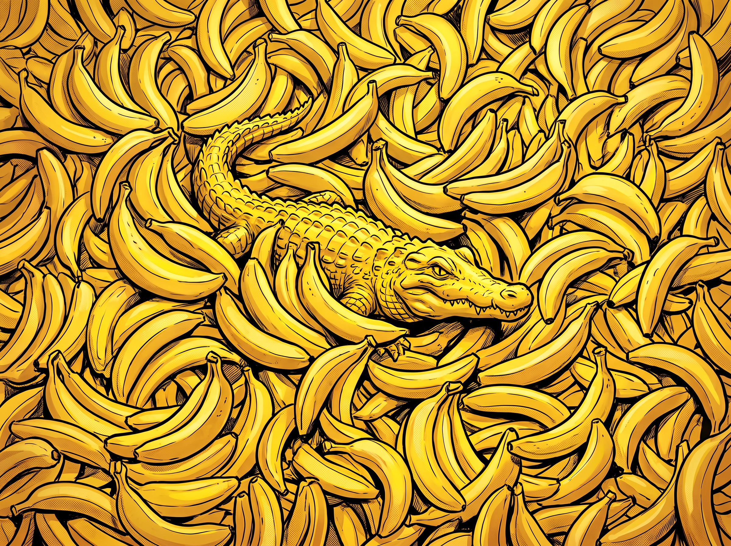 A yellow crocodile hiding among bananas