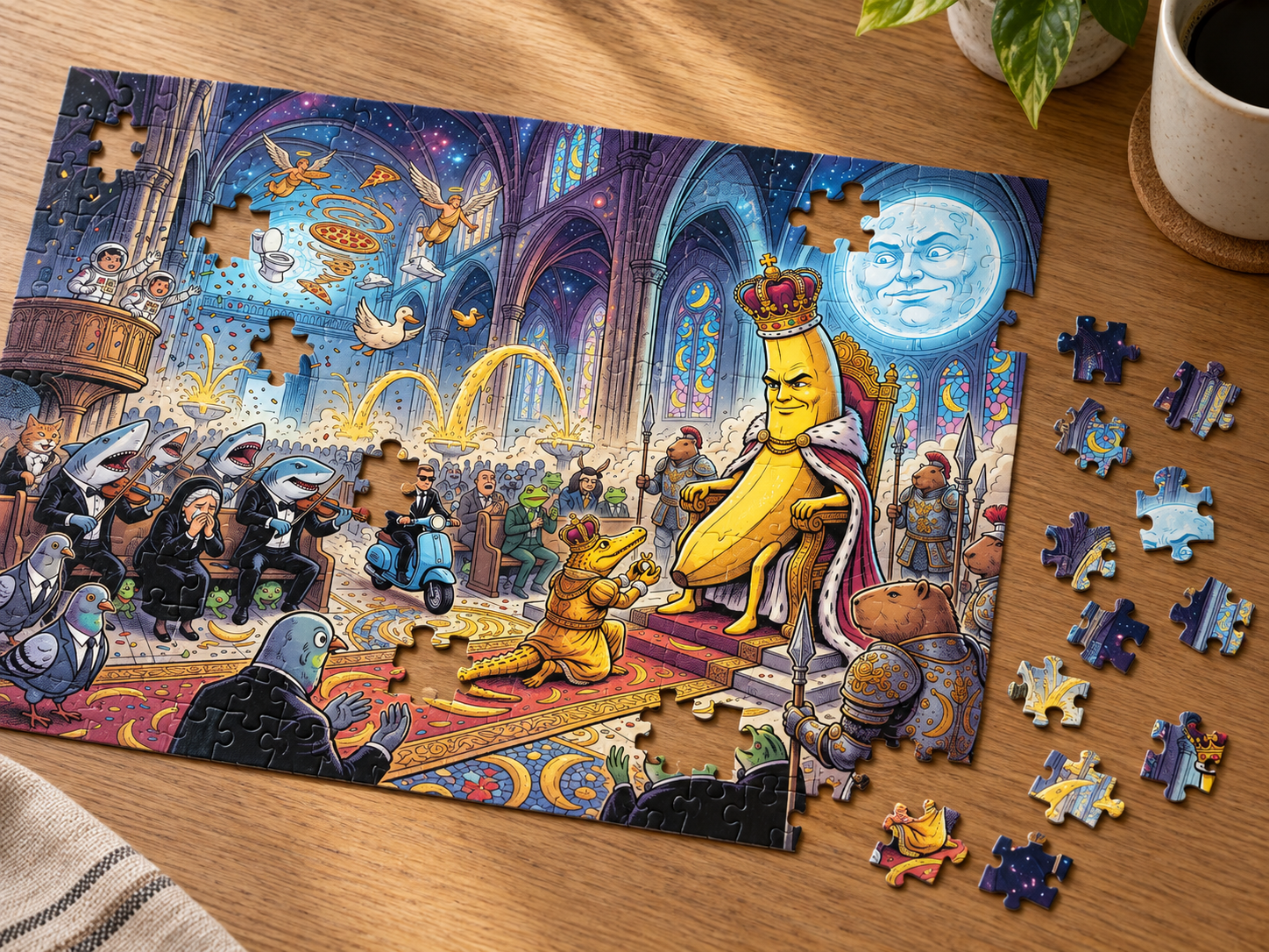 A half-built puzzle on a wooden table: a banana king on a throne in a starry cathedral, a crocodile kneeling before him, sharks playing violins, loose pieces beside it
