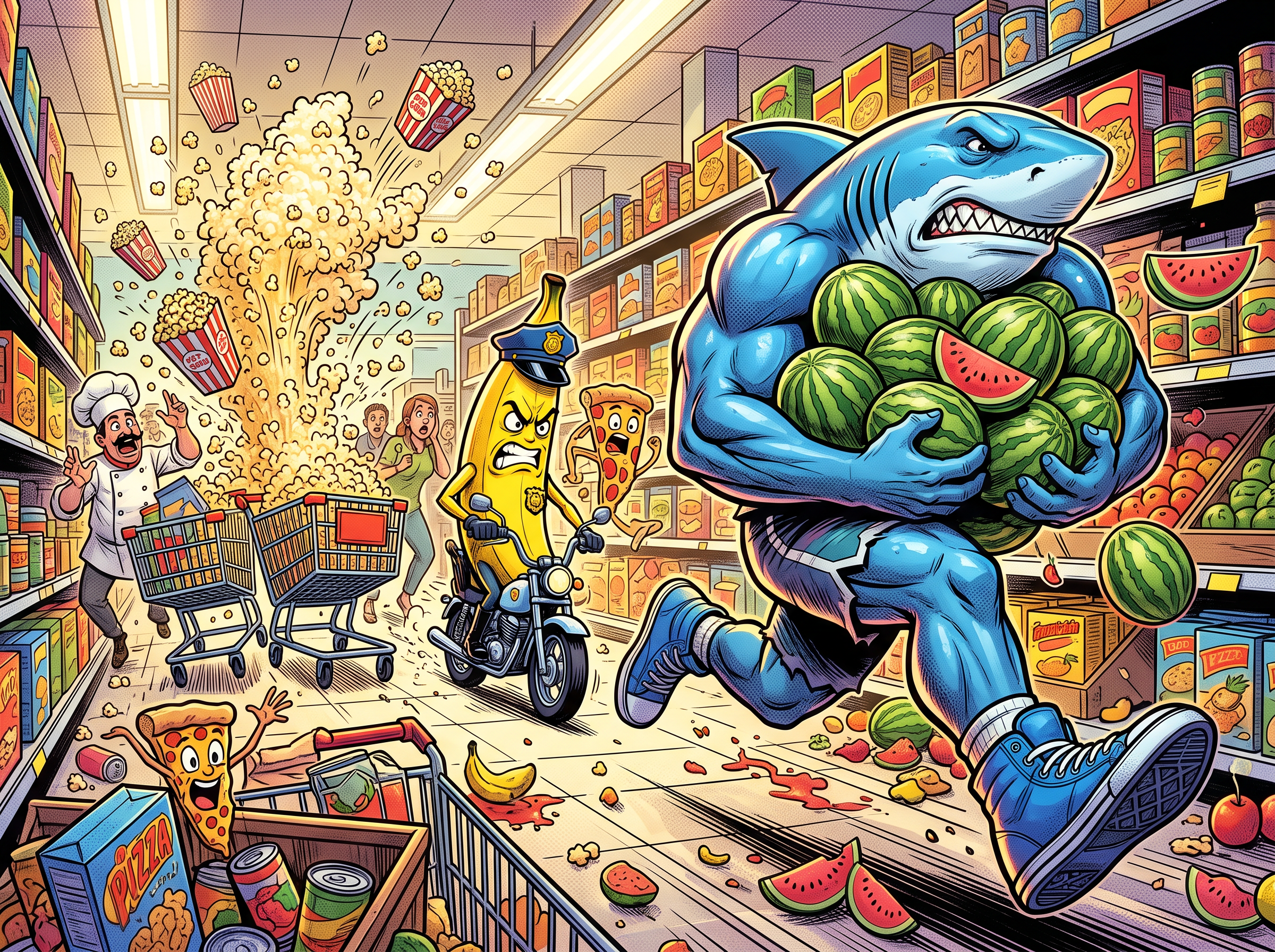 A muscled shark in sneakers running off with an armful of watermelons