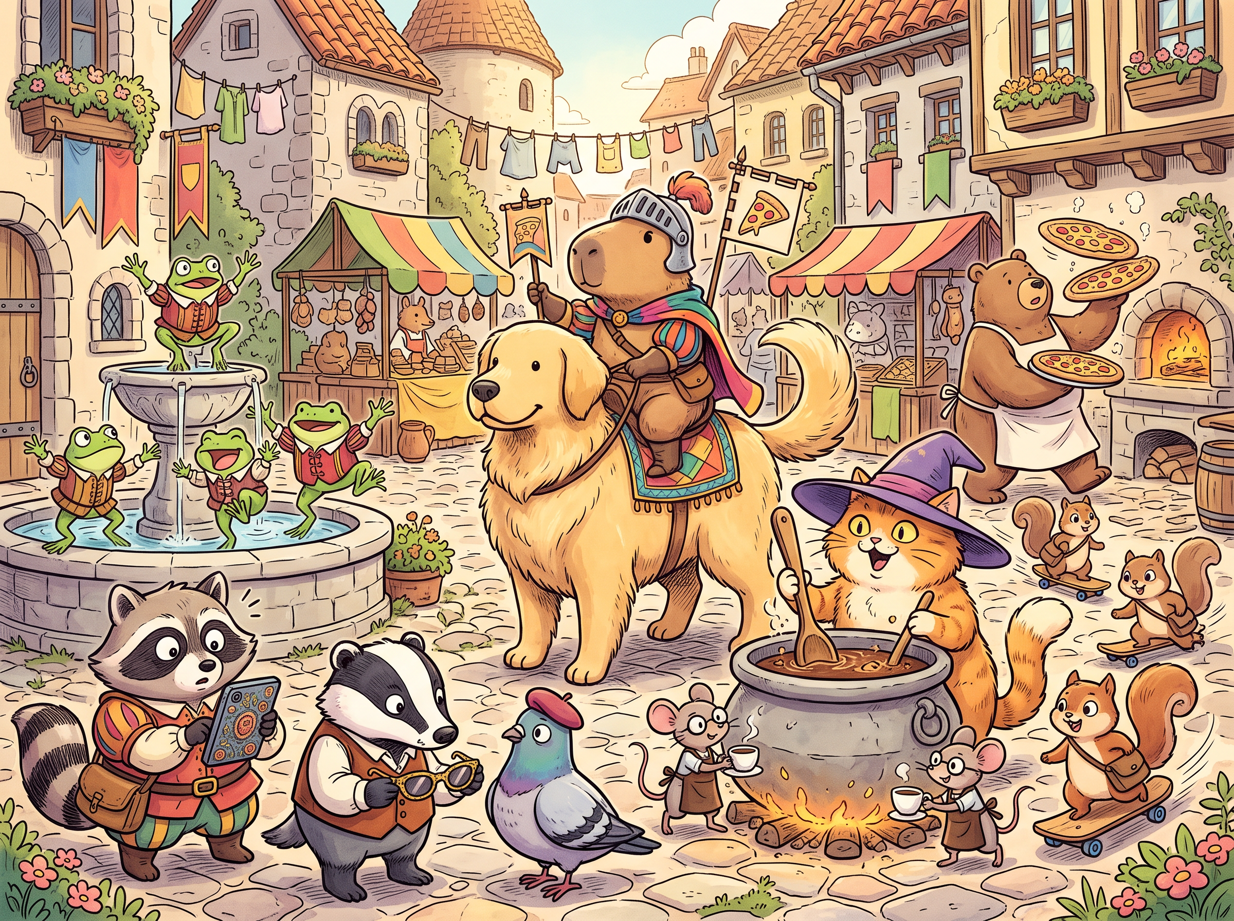 A capybara knight in a helmet riding a golden retriever