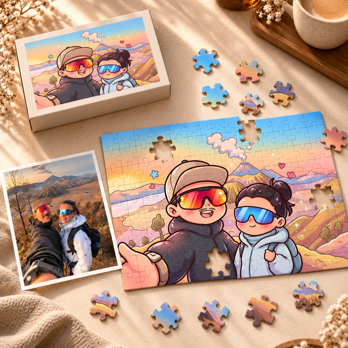 A couple's hiking selfie beside its chibi-style illustrated puzzle and matching box, on a sunlit table